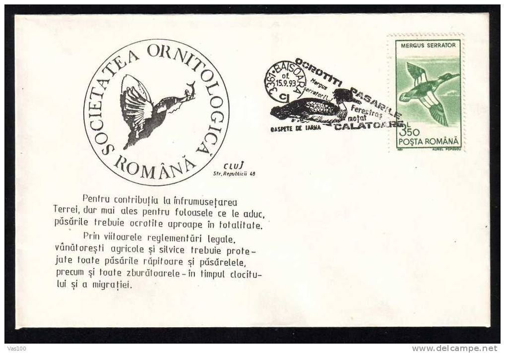 BIRDS -Ducks -CANARDS -  Cover Obliteration Concordante 1993 Baisoara-Romania. - Entenvögel