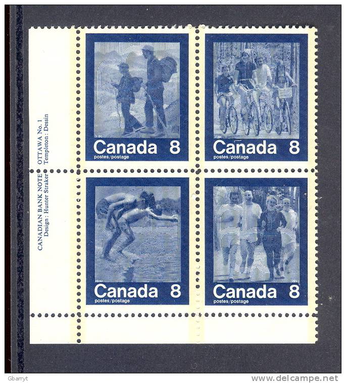 Canada Scott # 632a MNH VF LLPlate # 1 Block Of 4 Keep Fit In Summer Sports. Swimming, Jogging, Cycling, Hiking. - Blocks & Kleinbögen