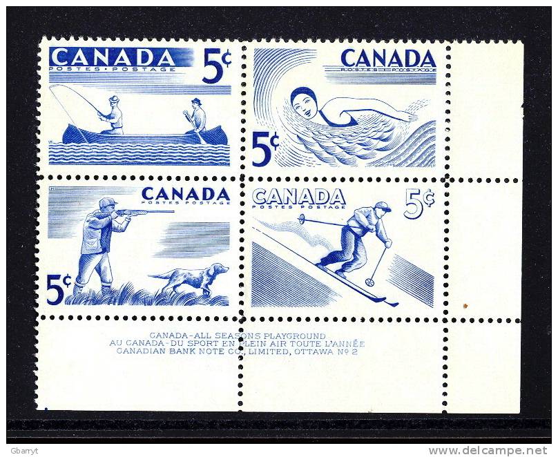 Canada 368i MNH VF LR Plate Block # 2. Fishing, Hunting, Swimming, Skiing. - Hojas Bloque