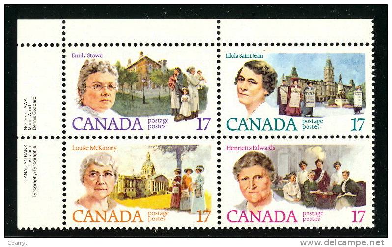 Canada 879 - 882 MNH VF UL  Inscription Block Of 4 Canadian Feminists..............................c12 - Plate Number & Inscriptions