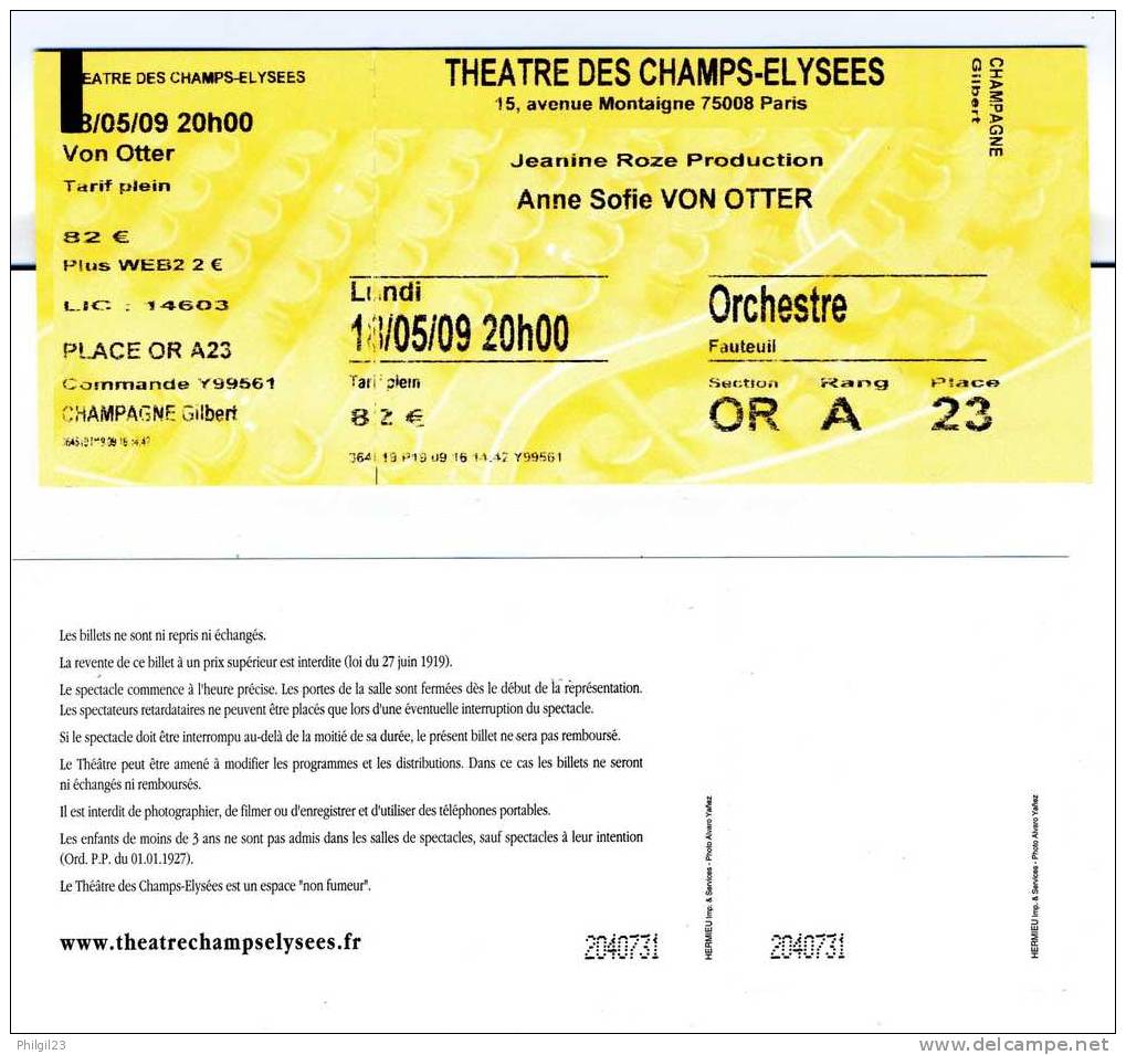 BILLET Du Concert Du 18/05/2009 De Anne Sophie VON OTTER  Au Théâtre Des Champs Elysées - Tickets De Concerts