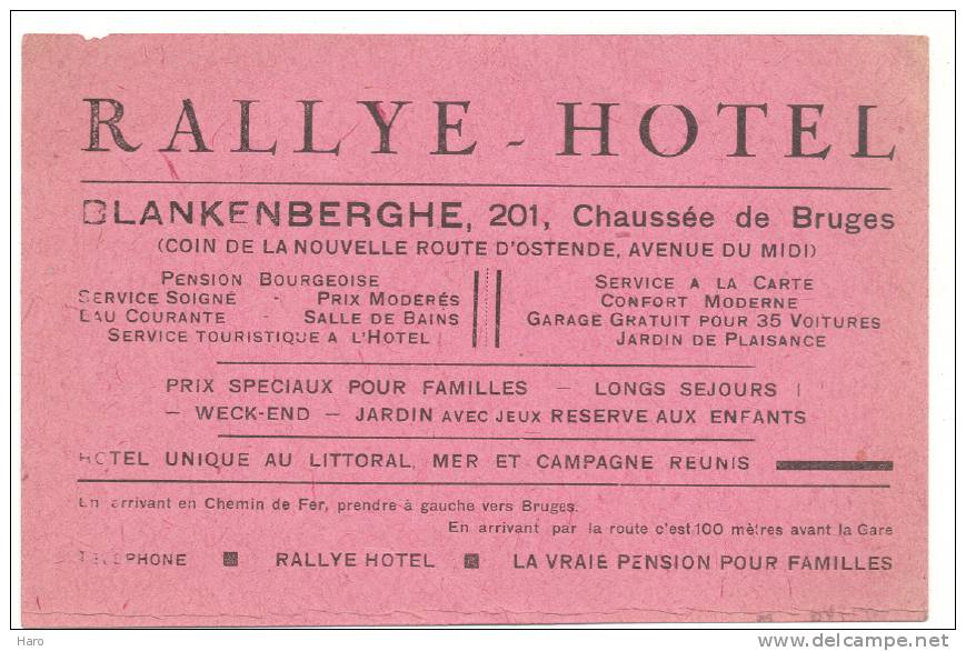 Carte De Visite  Format Carte Postale - BLANKENBERGE  "Rallye Hôtel" (Y42) - Cartes De Visite