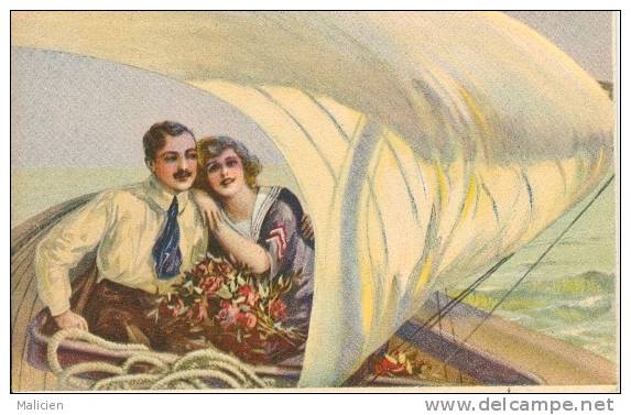 ILLUSTRATEURS-ref  110- Illustrateur  Couples- Couple Sur Un Voilier  -carte Bon Etat - - 1900-1949