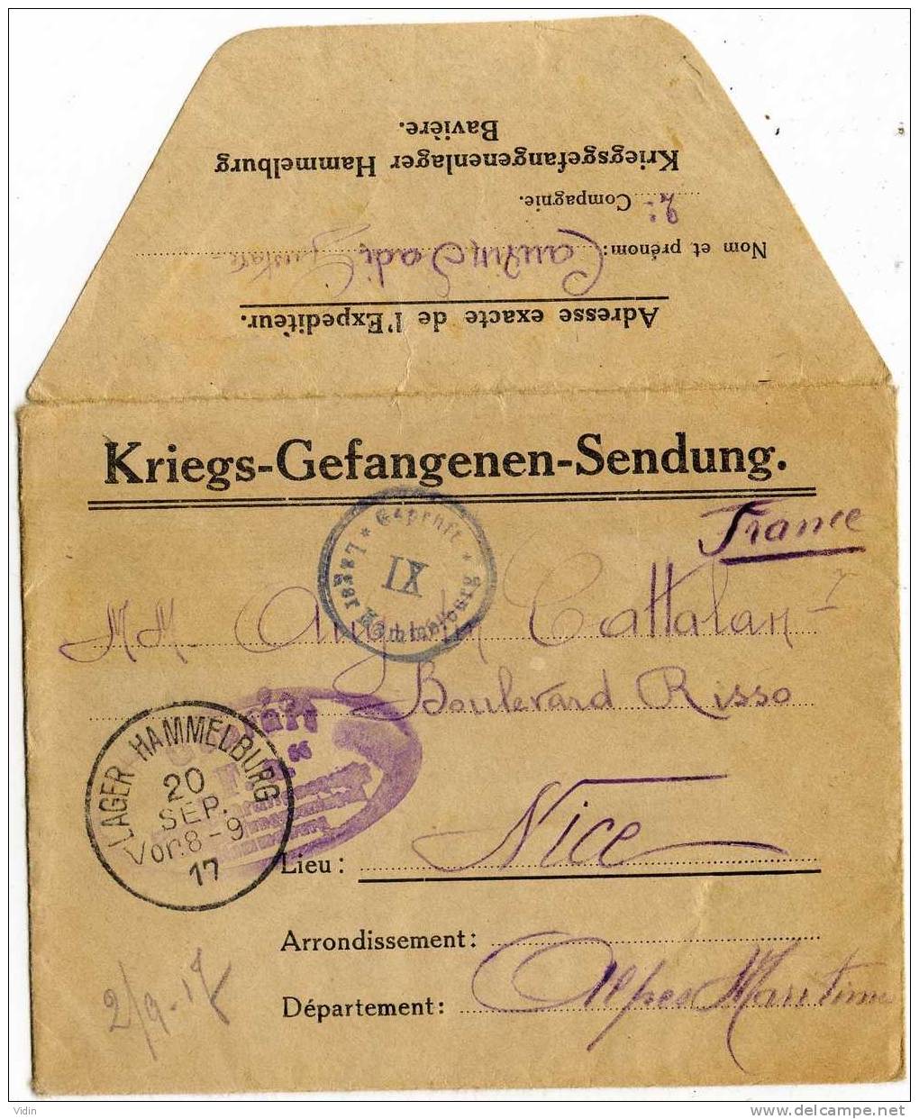 LETTRE AVEC CONTENU - CAMP DE HAMMELBURG - 1917 - 1. Weltkrieg 1914-1918