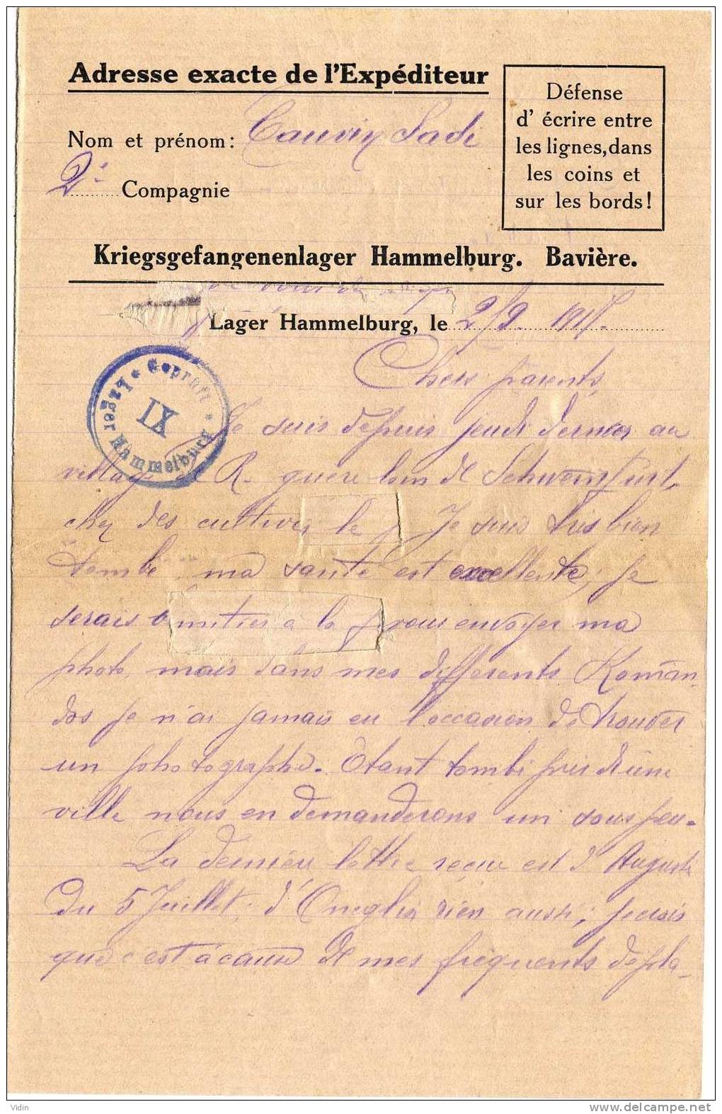 LETTRE AVEC CONTENU - CAMP DE HAMMELBURG - 1917 - 1. Weltkrieg 1914-1918