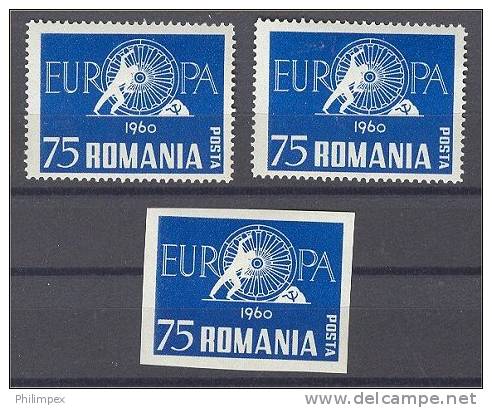 ROMANIA, EXILE, EUROPA 1960 3 STAMPS, TWO PERF ONE IMPERFORATED, ALL NH - 1960