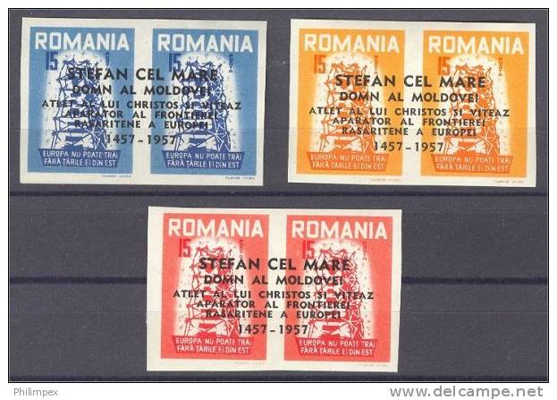 ROMANIA, EXILE ISSUE EUROPA 1957, SURCHARGED PAIRS NH - 1957