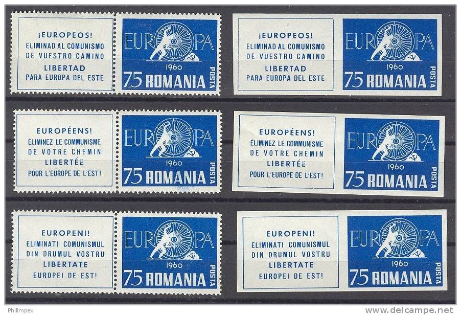 ROMANIA, EXILE ISSUE, EUROPA 1960 3 LANGUAGES PERF + IMPERF = 6 STAMPS - 1960