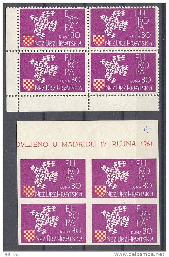 CROATIA, EUROPA 1961, BLOCKS OF 4 NH PERFORATED + IMPERFORATED - 1960