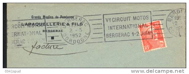 1952 France 24  Bergerac  RBV   Motociclismo Motocyclisme Motorcycling Sur Lettre - Motorbikes