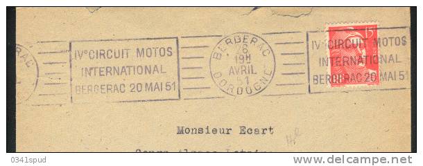 1951 France 24 Bergerac  RBV   Motociclismo Motocyclisme Motorcycling Sur Lettre - Motorbikes