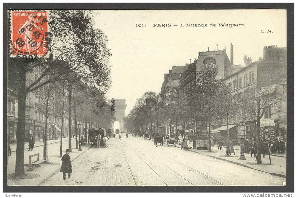 France 1011. Paris - L´Avenue De Wagram  C.M.  Paris 1909 Cancel To Danemarc (Animée) - Distretto: 17