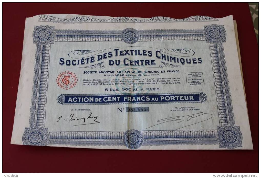 1929 TITRE & ACTION SOCIETE DES TEXTILES CHIMIQUES DU CENTRE  SIEGE SOCIAL PARIS -- SCRIPOPHILIE - Textiel