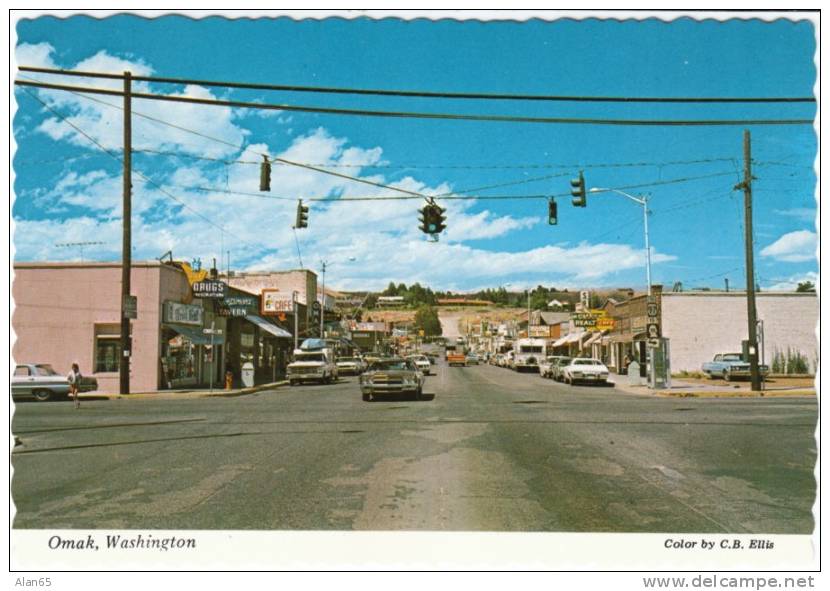 Omak WA Street Sceneon 1960s Vintage Postcard, Auto Store Business Signs, Ellis Chrome - Andere & Zonder Classificatie