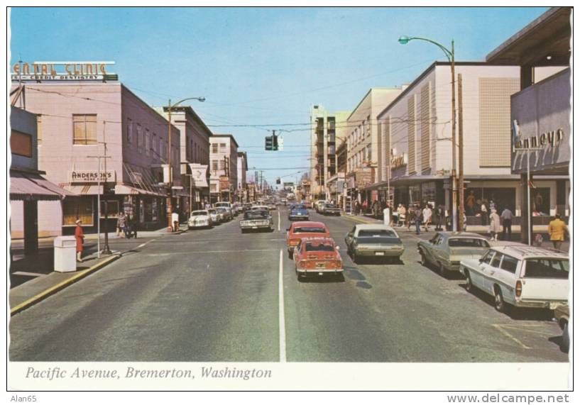 Bremerton WA Street Scene On 1960s/70s Vintage Postcard, Auto Store Business Signs, Sports Car - Autres & Non Classés