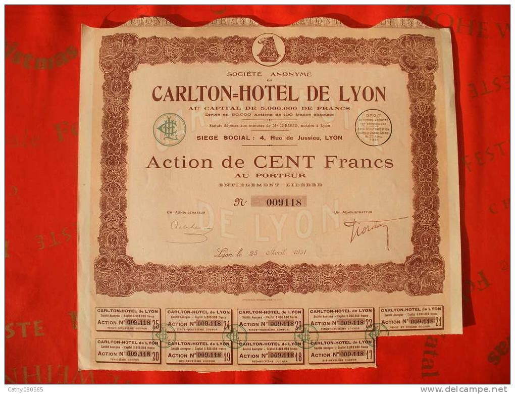 LOT DE 5 TITRES   CARLTON LYON   // HOTEL  // RHONE ALPES - A - C