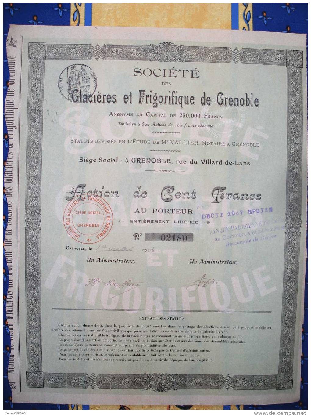 TITRE  DE 1906 / GLACIERE ET FRIGORIFIQUE DE GRENOBLE // ISERE - Industrie