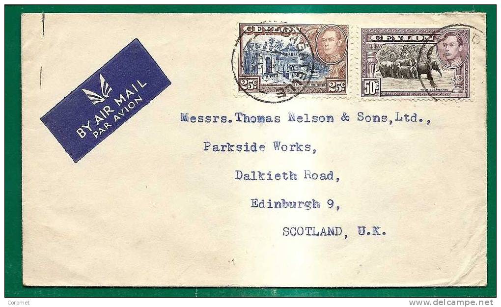 ELEPHANTS And Temple Of The Tooth Stamps On CEYLON 1948 VF AIR MAIL COVER To EDINBURGH, SCOTLAND - Elefanten