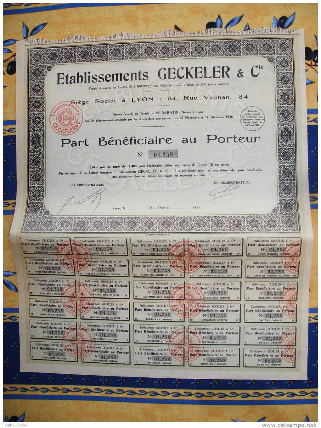 RARE PART BENEFICIAIRE "ETS GECKELER" 1927(1400 PARTS ) // LYON // RHONE ALPES - G - I