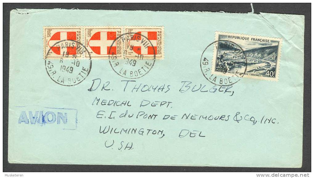 France Par Avion Hotel George V Deluxe PARIS VIII 49, Rue La Boetie 1949 Cancel Cover To Wilmington Delaware USA - 1927-1959 Covers & Documents