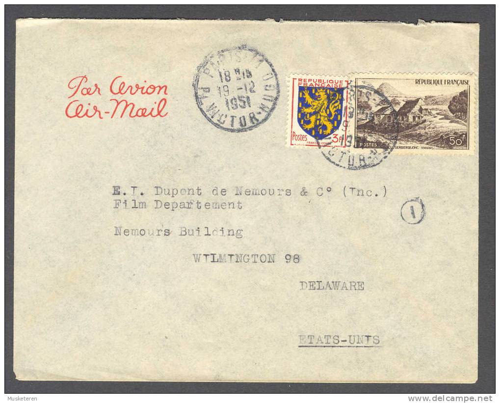 France Par Avion Airmail PARIS Pl. Victor Hugo 1951 Cancel Cover To Wilmington Delaware Etats-Unis USA - 1927-1959 Lettres & Documents