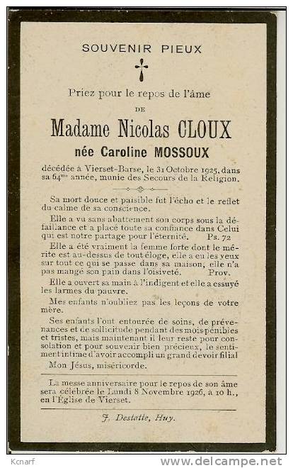 Faire-parts De Déces De VIERSET-BARSE " NICOLAS CLOUX " De 1925 . - Andere & Zonder Classificatie