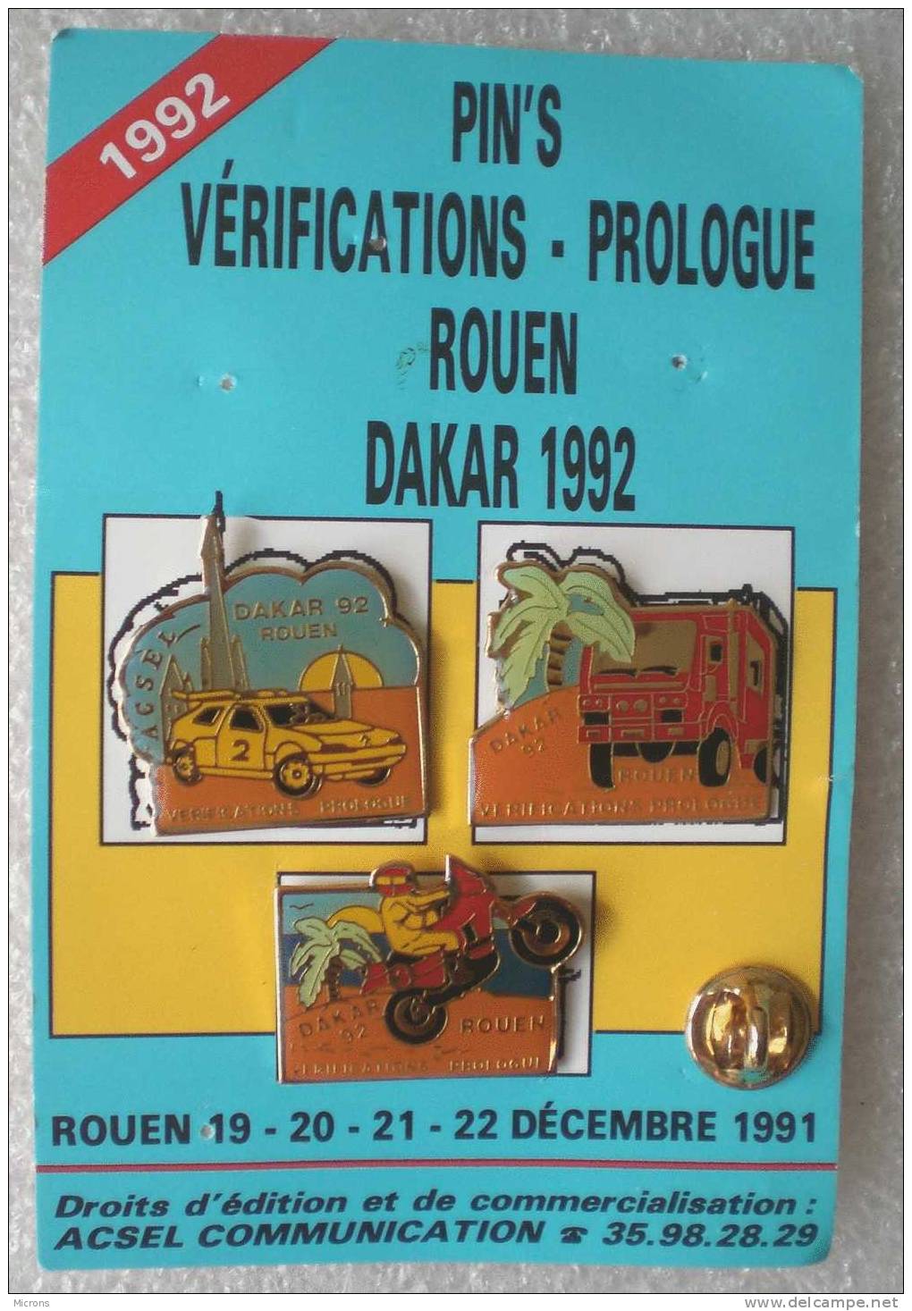 PARIS DAKAR 1992, VERIFICATION PROLOGUE A ROUEN SERIE DE 3 PINS AVEC ENCART - Autres & Non Classés