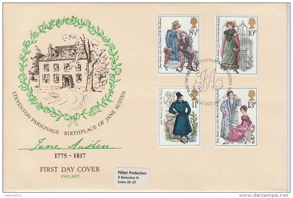 ENVELOPPE 1ER JOUR DE GRANDE-BRETAGNE - BICENTENAIRE DE LA NAISSANCE DE LA ROMANCIERE JANE AUSTEN - Ecrivains