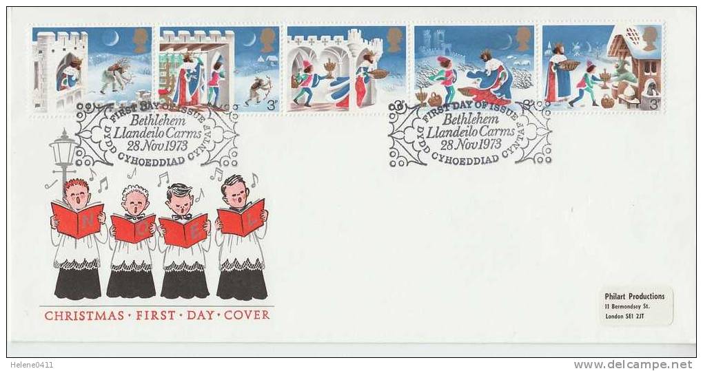 ENVELOPPE 1ER JOUR DE GRANDE-BRETAGNE - NOËL 1973 : ILLUSTRATION D´UN CHANT POPULAIRE (BANDE) - Christmas