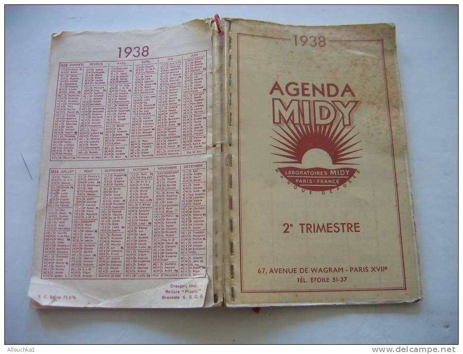 1938 -  CALENDRIER AGENDA  MIDY LABORATOIRES -2EME TRIMESTRE  AV DE WAGRAM -PARIS 17 -COMPTABILITE AUTOMOBILE-PUB - Groot Formaat: 1921-40