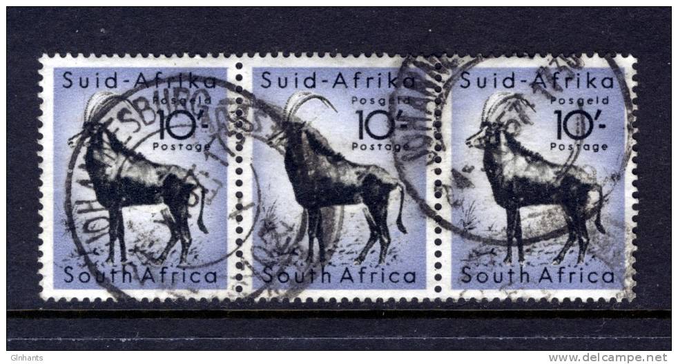 SOUTH AFRICA RSA - 1954 SABLE ANTELOPE 10/- STRIP OF 3 FINE USED - Gebraucht