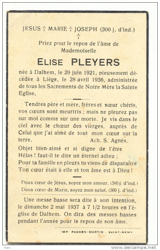 Faire-pert De Décès De Mademoiselle Elise Pleyers -Dalhem 1921 - Liège 1936 - Altri & Non Classificati