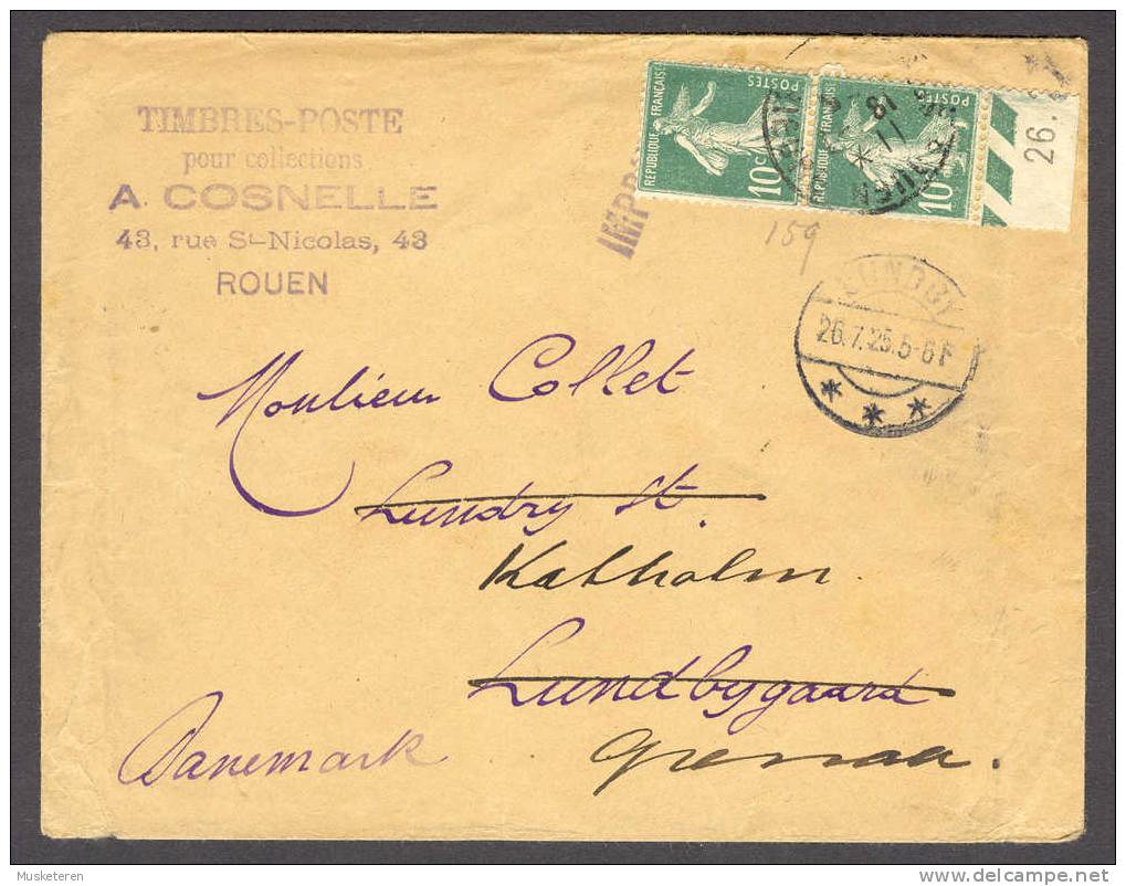 France ROUEN 1925 Cover To Danish Nobleman At KATHOLM Castle Denmark Deluxe LUNDBY Brotype IIa SCARCE Danish Cancel !! - Lettres & Documents