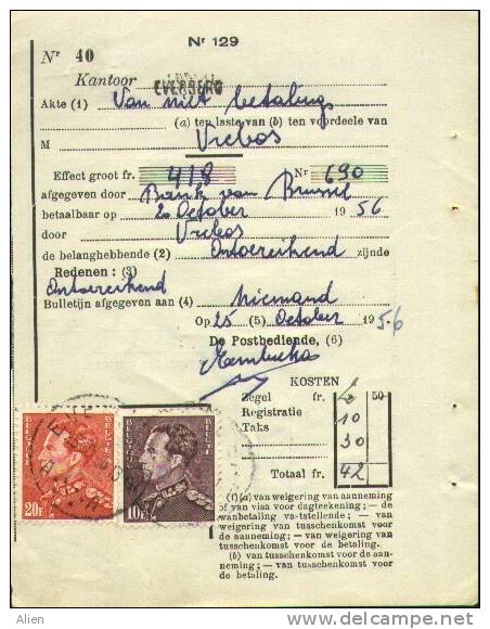 10 En 20 Fr Op Akte Van Niet Betaling - Griffe EVERBERG 1956 - 1936-51 Poortman