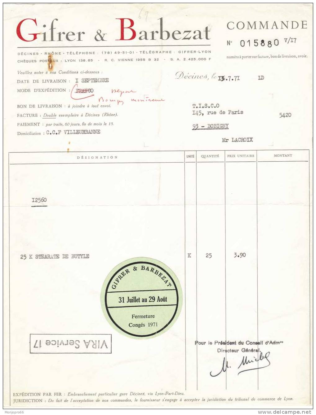 Bon De Commande De La Société GIFRER & BARBEZAT De Décines Et De 1971 - Non Classés