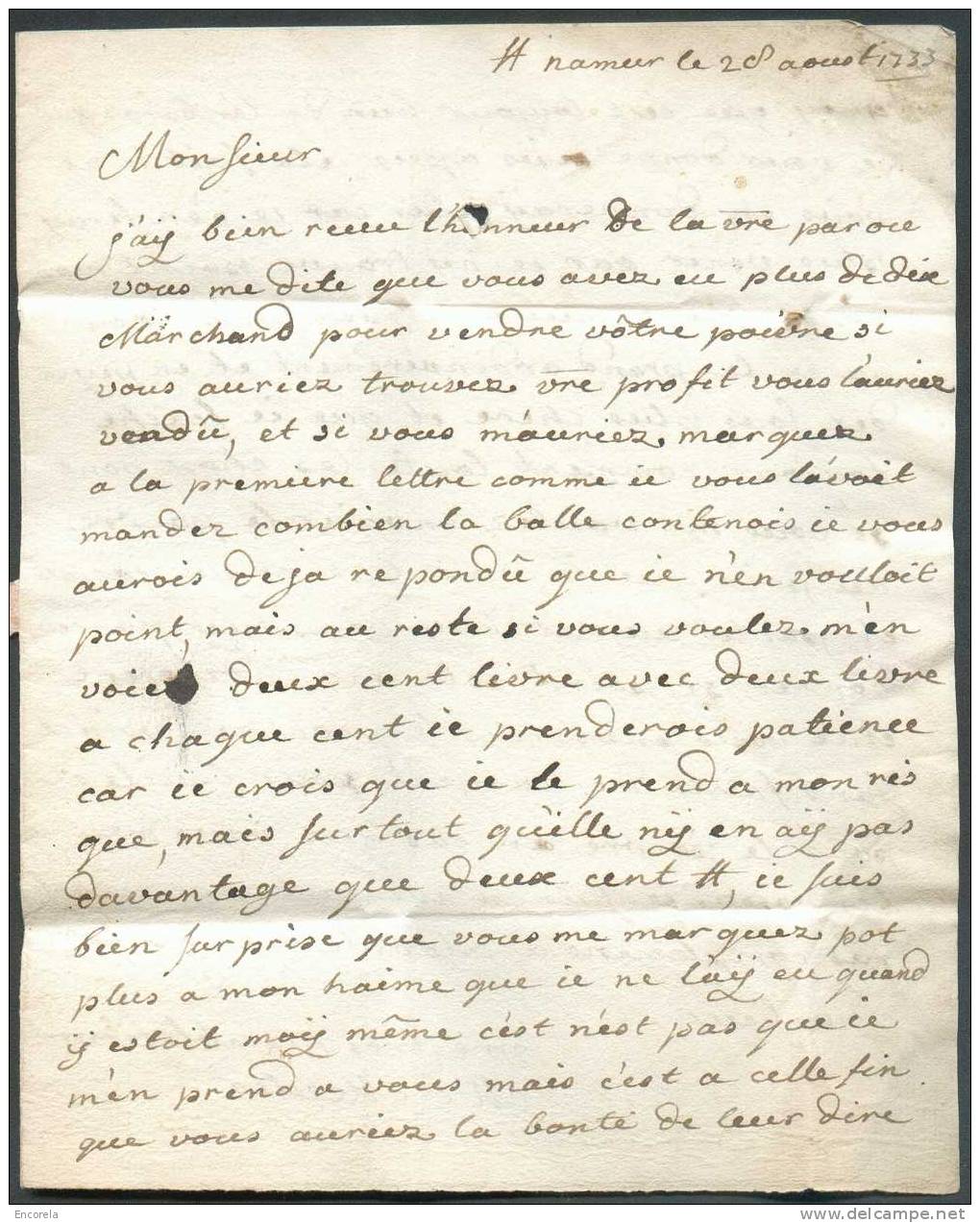 LAC De NAMUR Le 28 Août 1733 Vers Bruxelles.  Port ´2´.  Signé Meester.  TB - 4590 - 1714-1794 (Austrian Netherlands)