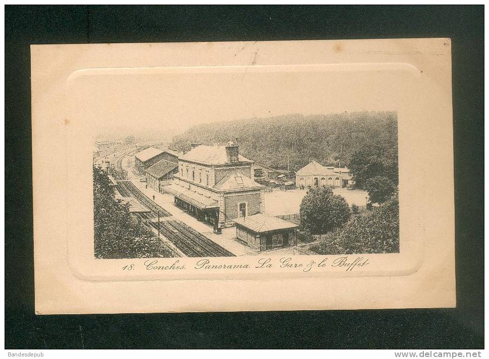 Conches ( Eure 27) - Panorama - La Gare Et Le Buffet ( Chemin De Fer Vue Aérienne Carte Cuvette N°18) - Conches-en-Ouche