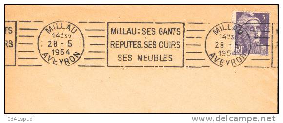 1954  France 12  Flamme  Millau  Gants Guanti  Cuirs Cuoio Ses Meubles Mobili  Sur Lettre - Textile