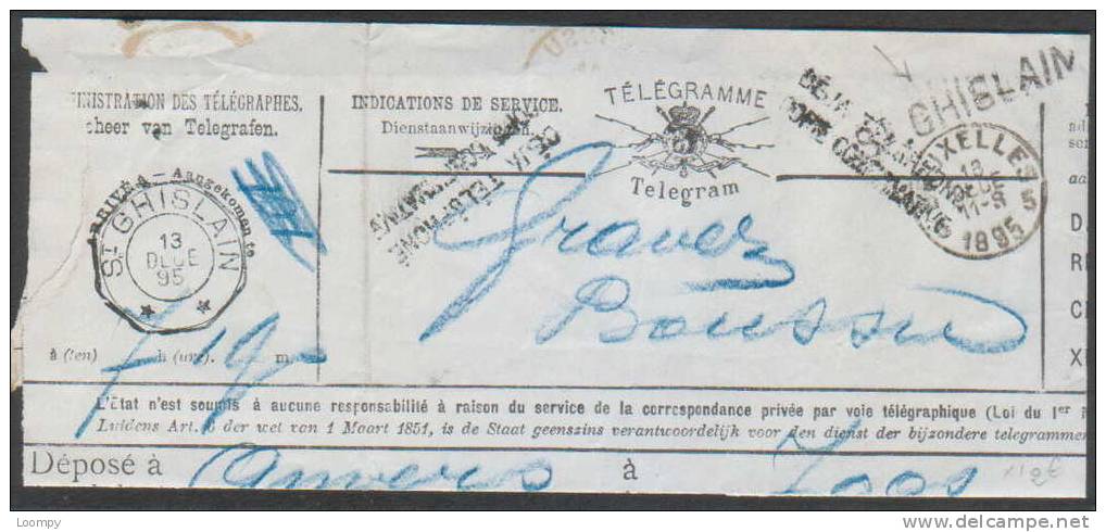 Télégr. Déposé à Anvers Vers Boussu 1895 - Déjà Téléphoné Et Remis Par Poste Via BRUXELLES (!!) -griffe ST GHISLAIN - Linear Postmarks