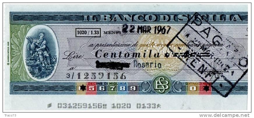 22.03.1967 - BANCO DI SICILIA - VAGLIA CAMBIARIO DA Oltre 50 Mila SINO A  100 MILA   R - Andere & Zonder Classificatie