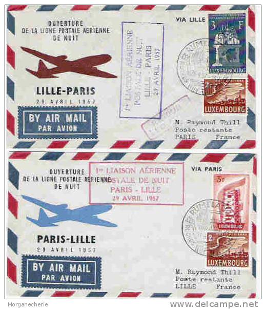 LUXEMBOURG, 1957, AIR FRANCE PREMIER VOL POSTAL DE NUIT PARIS-LILLE-PARIS, PRIFIX AF14 ET AF 14 A ET PRIFIX 515,512 EURO - Covers & Documents