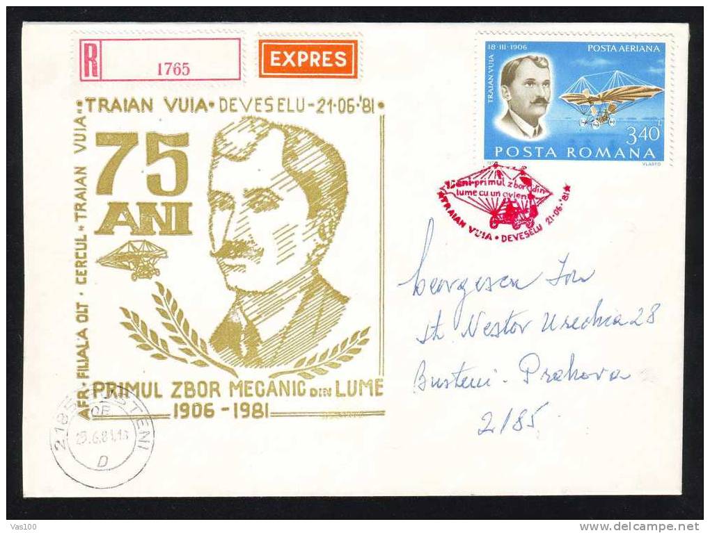 Aurel Vlaicu- Pionnier De L´aviation Mondiale,registred Express Cover 1981 Romania. - Autres (Air)