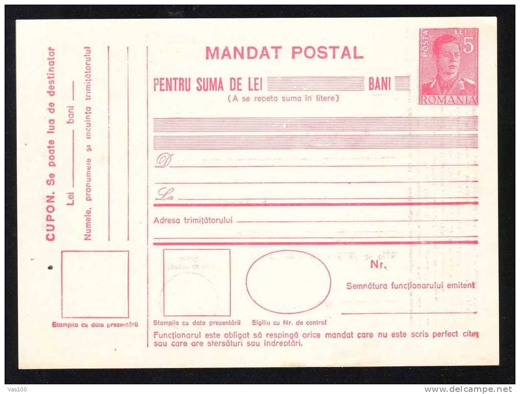 1937 BULETIN D´EXPEDITION MANDATE POSTALE ,IMPRINTED POSTAGE 5 LEI KING MIHAI - Colis Postaux