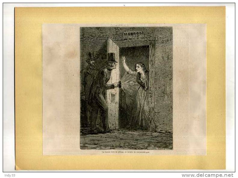 - LA FEMME IVRE EN PRISON (LONDRES)  . GRAVURE SUR BOIS DU XIXe S.   DECOUPEE ET COLLEE SUR PAPIER - Police