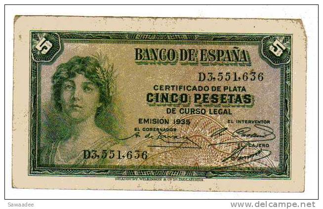 BILLET ESPAGNE - REPUBLIQUE - P.85a - EMISSION 1935 - 5 PESETAS PREFIXE D - 5 Peseten