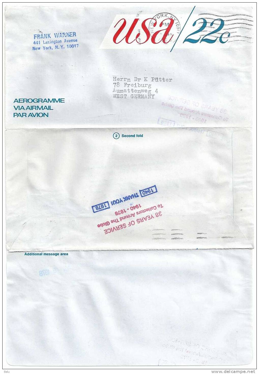 USA. Aerogramme 22c Via Airmail New York Nach Deutschland - 1981-00