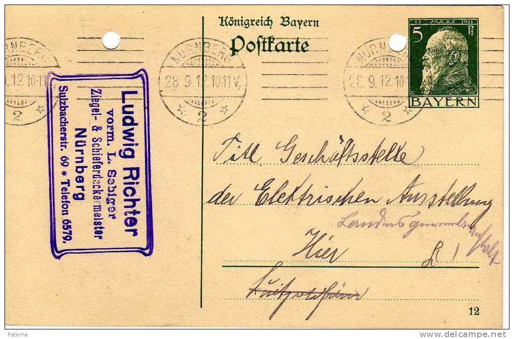 Entero Postal De Bayern , Nurnberg ( Alemania) 1912,pofttartem, Entier Postal - Interi Postali