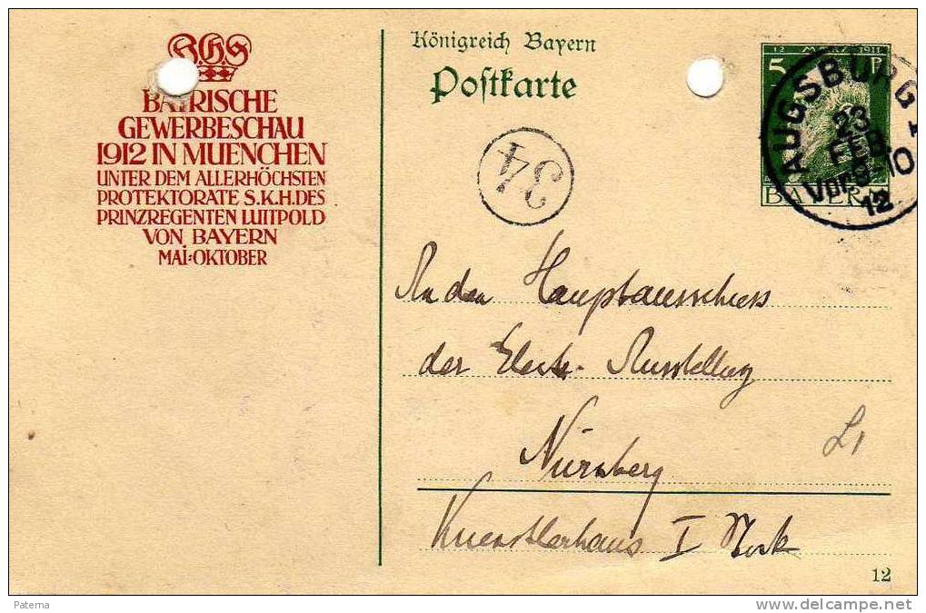 Entero Postal De Bayern , Augsburg  ( Alemania) 1912, Pofttarte, Entier Postal - Postwaardestukken