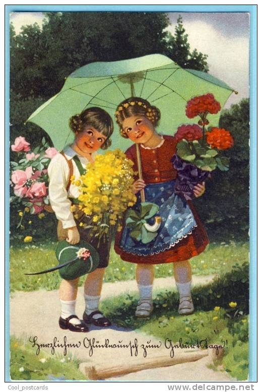 KNOEFEL, LUDWIG Children Little Boy And Girl With Flowers & Green Parasol, Novolito No 677/1 - Knoefel, Ludwig