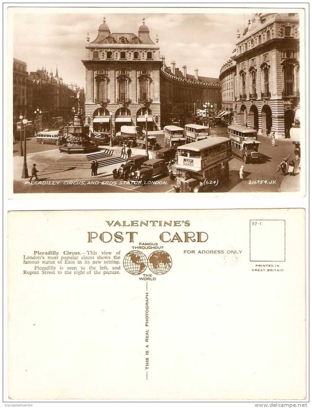 AK 216154 J. V. LONDON. PICCADILLY CIRCUS, AND EROS STATUE(624) Belebt Doppeldecker Omnibussen  Lastwagen Und Oldtimern - Piccadilly Circus